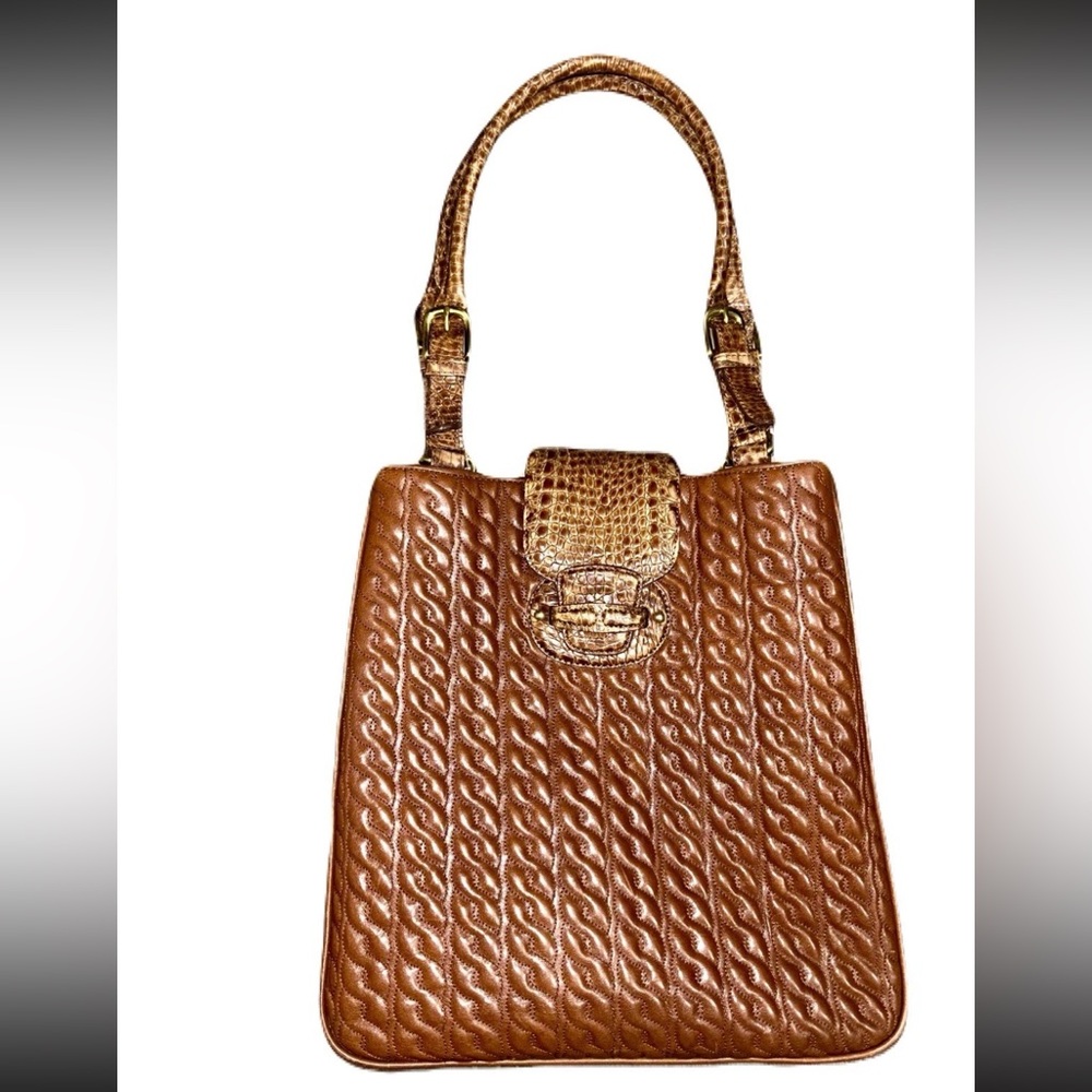 Vintage Brahmin quilted Cable Knit Leather faux Croc Alligator Satchel large bag